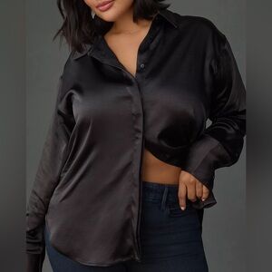 Good American Black Satin Buttondown Shirt L/XL